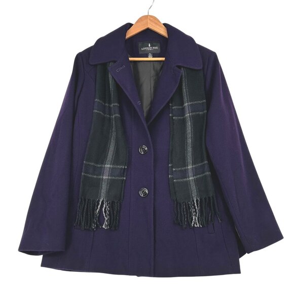 London Fog Peacoat Coat Purple Wool Blend Detachable Scarf XL Grand Millenial - Picture 1 of 16